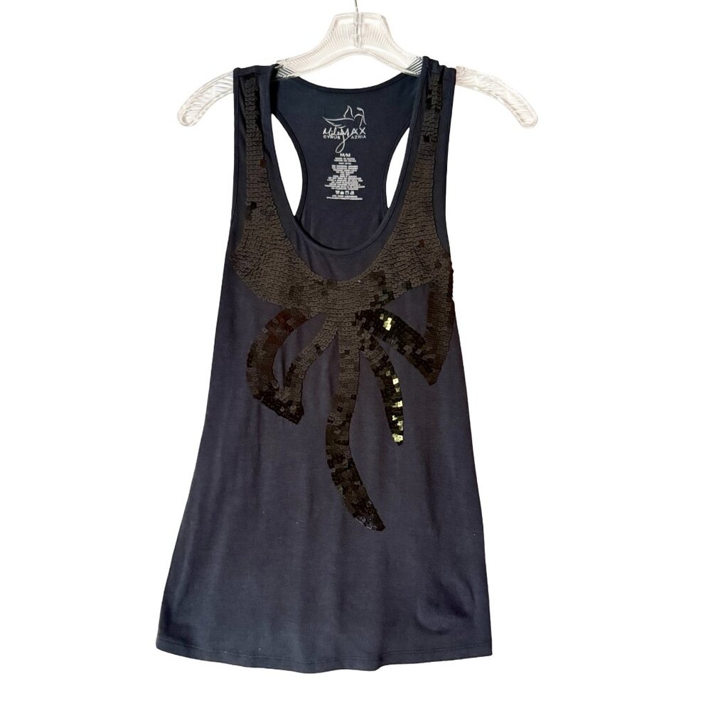 Miley Cyrus & Max Azria Sequin Bow Tank - Y2K Black Sleeveless Top - Size M